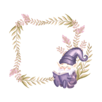 Reading gnome and flower sprigs watercolor illustration. Hand drawn isolated spring square frame. Floral border background with elf for baby design. Template postcard with copy space childrens theme. png