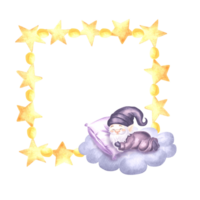 Frame with cute sleeping gnome and stars watercolor illustration for baby desings. Hand drawn isolated square border from yellow sparkle. Background in kids fairy dreams style. Template with copy png