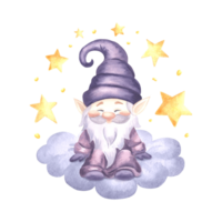 Cute gnome sitting on fluffy cloud with stars watercolor illustration isolated. Hand drawn elf from fairy dreams for baby design. Magic dwarf smiling character in sketch style for childrens products. png