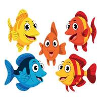 Collection of Colorful Cartoon Fish with Big Eyes and Smiling Faces Five cartoon fish various colors are displayed against white background cartoon fish vector