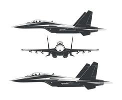 Three views of a military jet fighter aircraft in black and white silhouette style illustration three different perspectives airplane aviation graphic vector