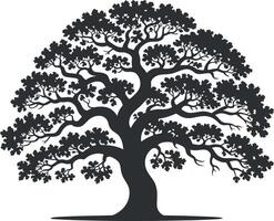 Silhouette of a Majestic Oak Tree with Lush Canopy detailed black silhouette large oak tree against white background oak tree tree silhouette nature vector