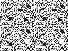 Black and white geometric doodle seamless pattern, squiggles, eyes, hearts, playful retro Memphis style vector