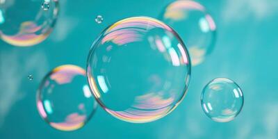 Translucent Soap Bubbles Floating Against Blue Backdrop photo