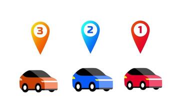 Three cars of different colors are shown under numbered map pins, depicting ranked locations or user-selected options in a car service app video