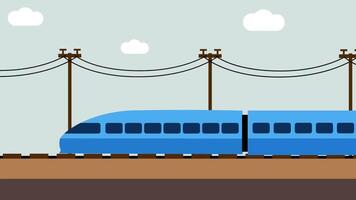 A blue electric train runs under overhead poles and wires across a rural background, emphasizing clean infrastructure and connectivity video