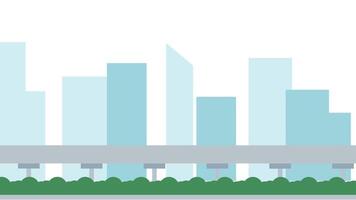 A simple green bridge connects into a blue-toned city skyline, symbolizing urban flow and architectural integration video