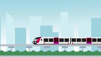 A red-striped train passes through a soft city skyline backdrop, blending motion and infrastructure within a clean transportation illustration video