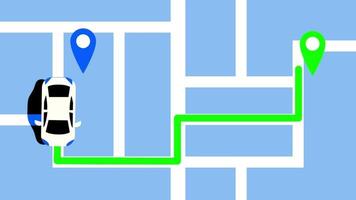 A white car on a map with a marked green route and blue location pin shows planned navigation through streets with clear directional intent video