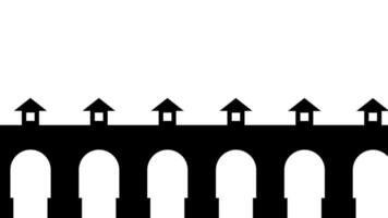 A stylized black bridge features small rooftop structures on each section, presenting an abstract, ornamental architectural concept video