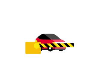 A lowered railroad gate with warning stripes and lights blocks a yellow box, indicating an active train crossing and halting road access video