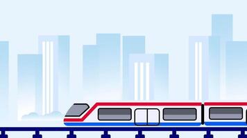 A modern red-striped train approaches through a hazy blue city skyline, representing movement, connectivity, and urban commute video