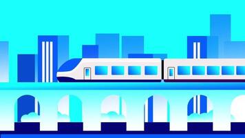 A clean blue monorail speeds through futuristic white arches, combining structure, movement, and urban design with seamless motion video