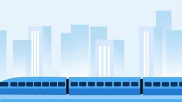 A blue bullet train swiftly moves past a city skyline, merging speed and technology with modern urban design and sleek transportation form video