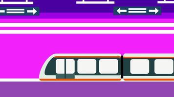 A futuristic monorail glides across a neon-lit magenta track, with arrows and trails suggesting movement and digital transportation flow video