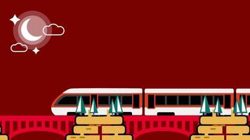 A train crosses a glowing red bridge with castle elements under a night sky, merging fantasy and transportation in a dramatic scenic view video