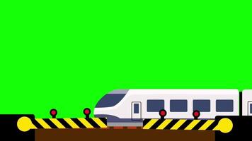 A train moves and closing a barrier on a green screen background, creating a transportation visual video