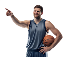 Smiling basketball player pointing and holding ball png