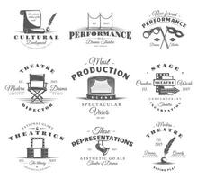 Set of theatre labels. Elements for design on the theatre theme. Collection of theatre symbols stage, mask, curtain vector