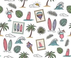 Summer, pattern with surfboard, palm tree and wave, hand drawn illustration. vector