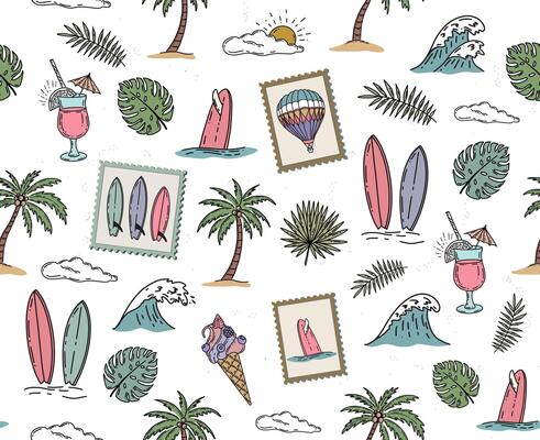 Summer, pattern with surfboard, palm tree and wave, hand drawn illustration.