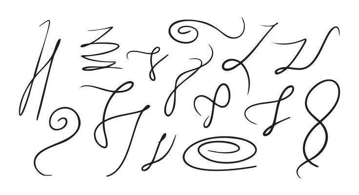 Elegant Set thin Swirls, calligraphic Curves and decorative strokes for design elements and vintage text. Collection of ink Curls for cursive lettering. Isolated spirals, loops. illustration.
