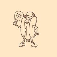 mascot character hotdog with padel racket good for logo, branding, mascot retro, restaurant, cafe, etc vector
