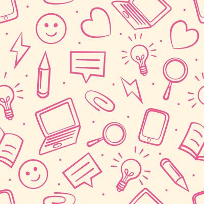A fun and playful seamless pattern with school and office elements in pink.
