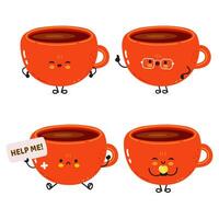 Cartoon orange Coffee Mugs expressing varied emotions happy, angry, sad, loving one signaling distress with help me message vector