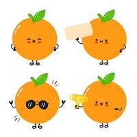 Cute cartoon Oranges displaying various emotions, including holding a sign and a trophy. vector