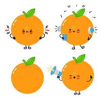 Adorable cartoon oranges displaying diverse emotions and activities on a white backdrop. vector