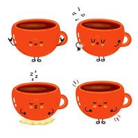 Expressive orange Coffee Cup characters displaying dynamic emotions, cheerful, drowsy, rocking out, and melodically singing within whimsical beverage themed illustration vector