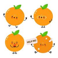 Four adorable cartoon oranges showcasing different emotions with vibrant expressions. vector