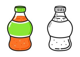A cartoon soda bottle with a green label and cap alongside a black and white outline. vector