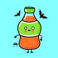 A cute Halloween soda bottle cartoon with bats and a spider on a blue background. vector