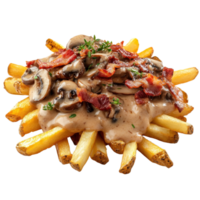 Fries with mushroom sauce on transparent background. png
