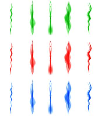 Colorful abstract design featuring wavy patterns in red, green, and blue against a white background