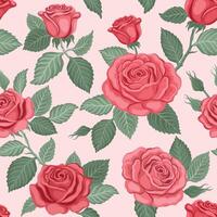 Pattern of pink roses and green leaves vector