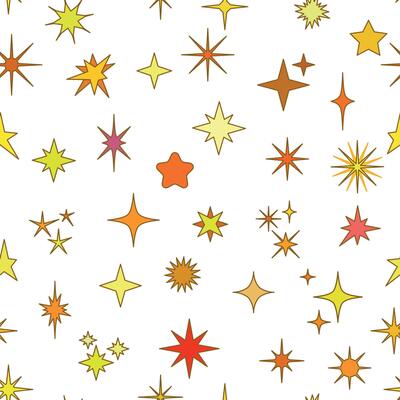 Seamless pattern with various colorful star shapes in yellow, orange, and red tones