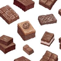 seamless pattern with chocolate brownies in different shapes and styles vector