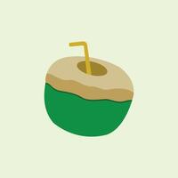 Coconut cocktail with straw flat icon isolated on green background. A young coconut that has been opened with a straw and is ready to drink. A typical drink from the coastal area, vector
