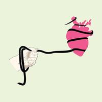 Hand drawn illustration of a human hand holding a heart shaped pillow. illustration of a person with a tied heart. A hand holding a rope to tie the heart. vector