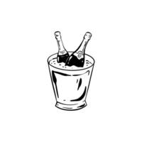 Hand drawn champagne bucket with ice. Sparkling wine chilling in the basket. Prosecco cooler drawing. illustration in sketch style. Christmas, New Year, birthday, bachelorette party celebration vector
