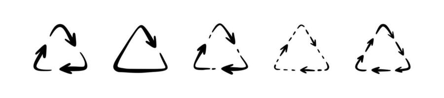 Hand drawn doodle triangle recycle symbol set. Paper, plastic, garbage, waste reuse handwriting icon sign. Crayon scribble grunge illustration. Eco-friendly project design element. Cycle arrow vector