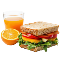 Sandwich and orange juice on transparent background. png