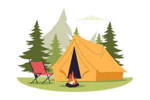 Flat Illustration of Camping Tent and Campfire in Pine Forest vector