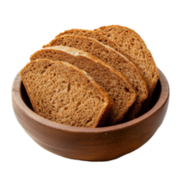 Sliced bread in wood bowl on transparent background. png