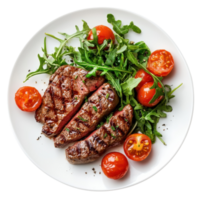 Steak with salad plate on transparent background. png