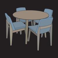 a drawing of a dining table and chairs illustration. vector
