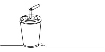 abstract juice glass with lid and straw, continuous single one line art hand drawing sketch vector